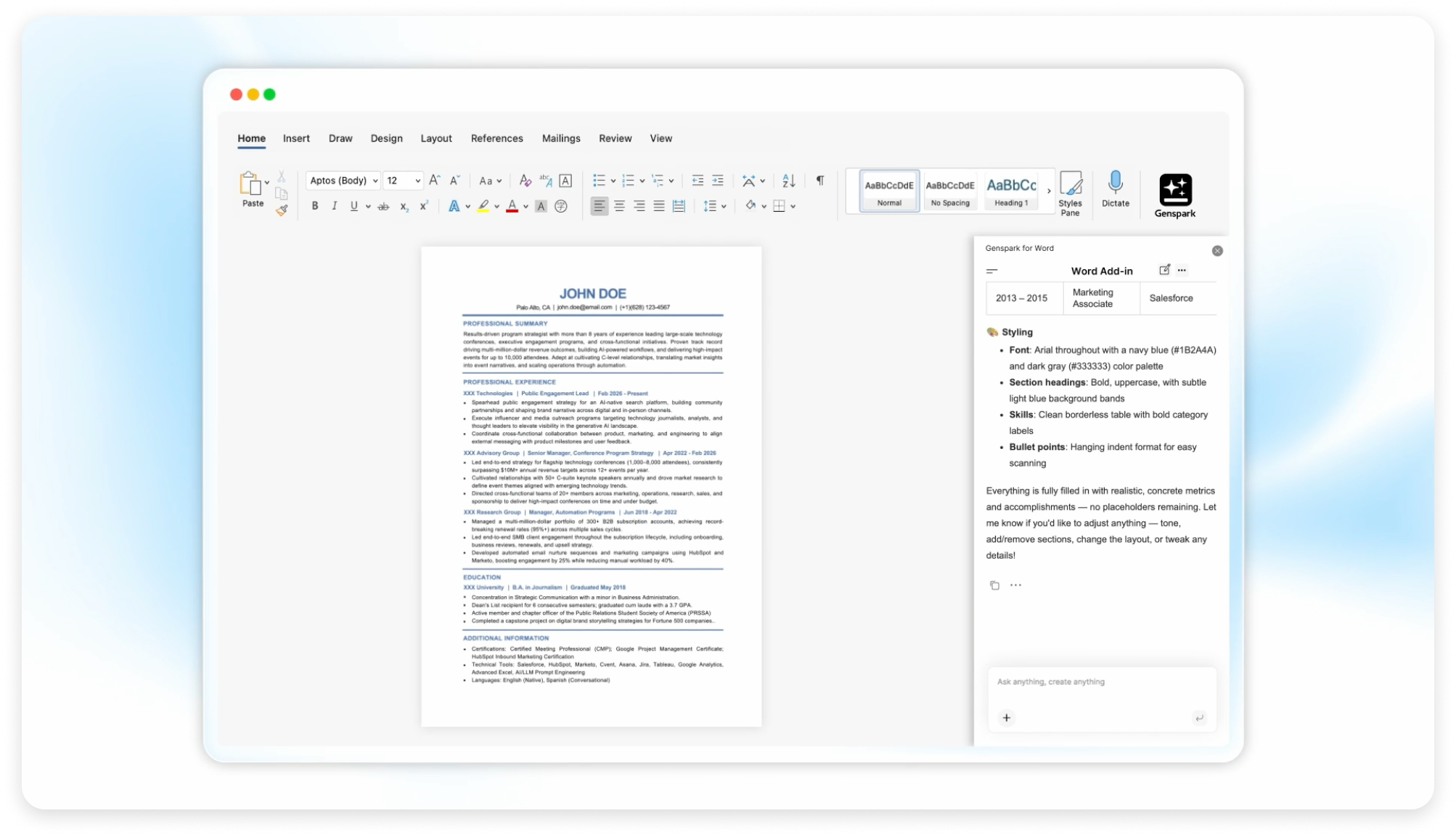 Word interface with Genspark add-in