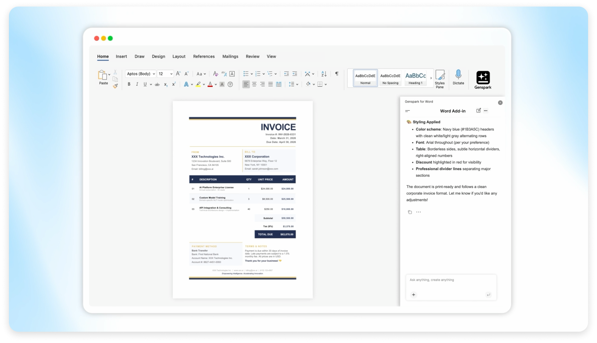 Word interface with Genspark add-in